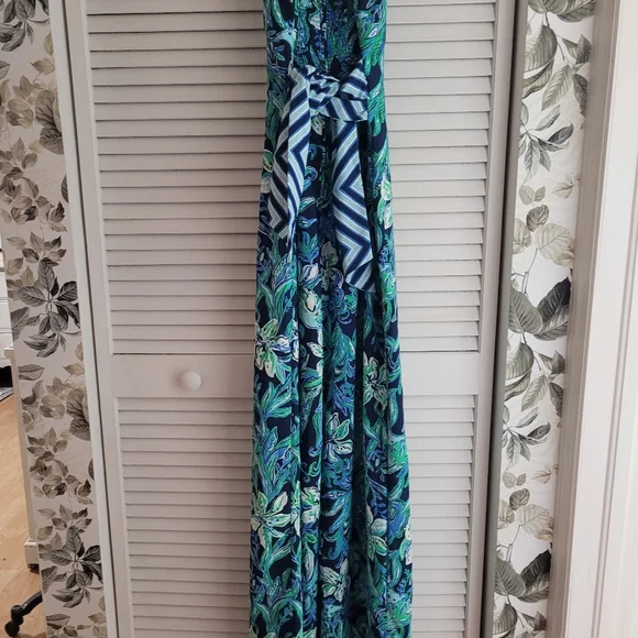 Lilly Pulitzer Blue Green Nila Jumpsuit with striped  fabric tie belt wide leg - Picture 3 of 16